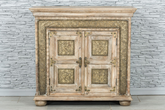 Antique Indian Brass Work Hand Carved Solid Wooden Sideboard Natural 101x45x95cm A087  -